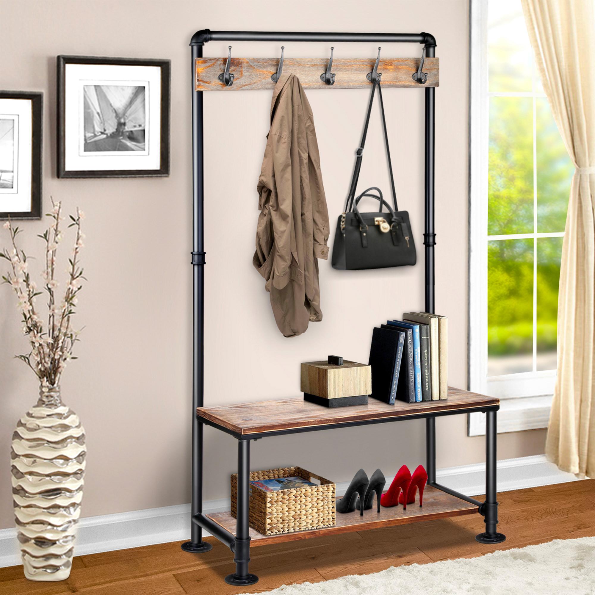 Artiss Coat Stand and Shoe Organiser Wooden Pipe Image 4