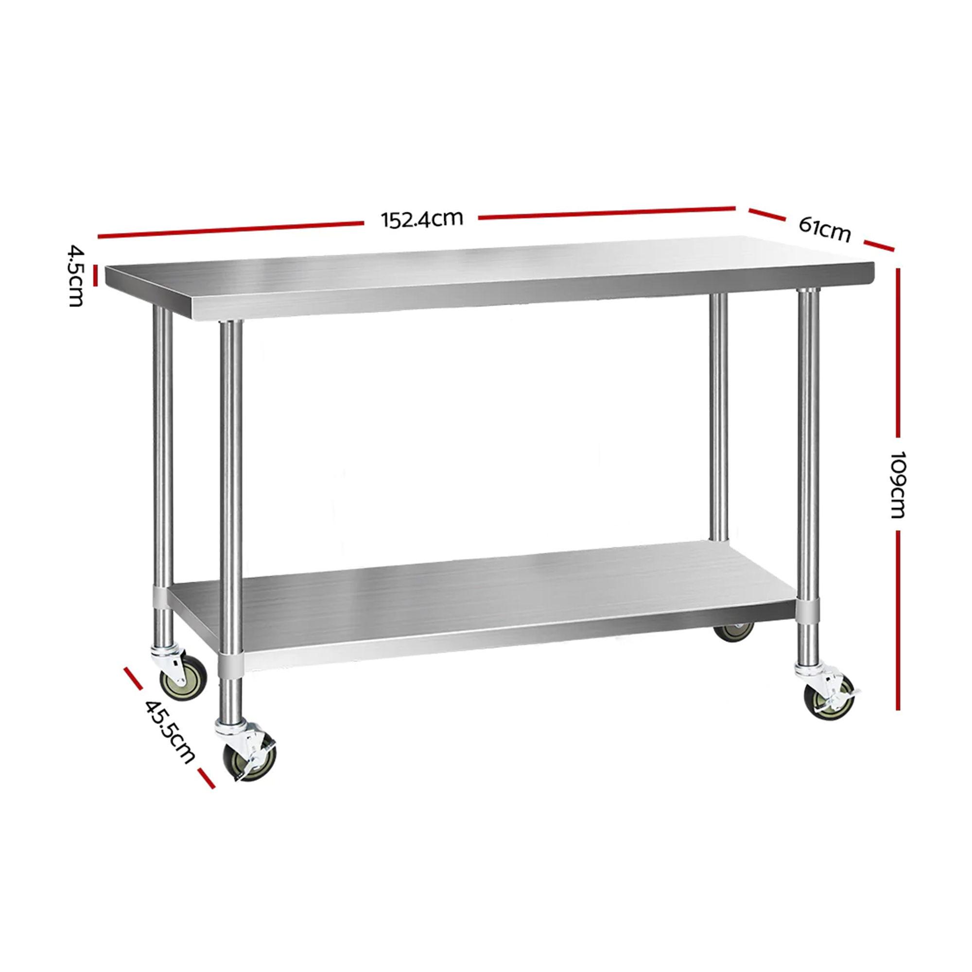 Cefito 430 Stainless Steel Kitchen Bench with Wheels 152.4x61cm Image 3