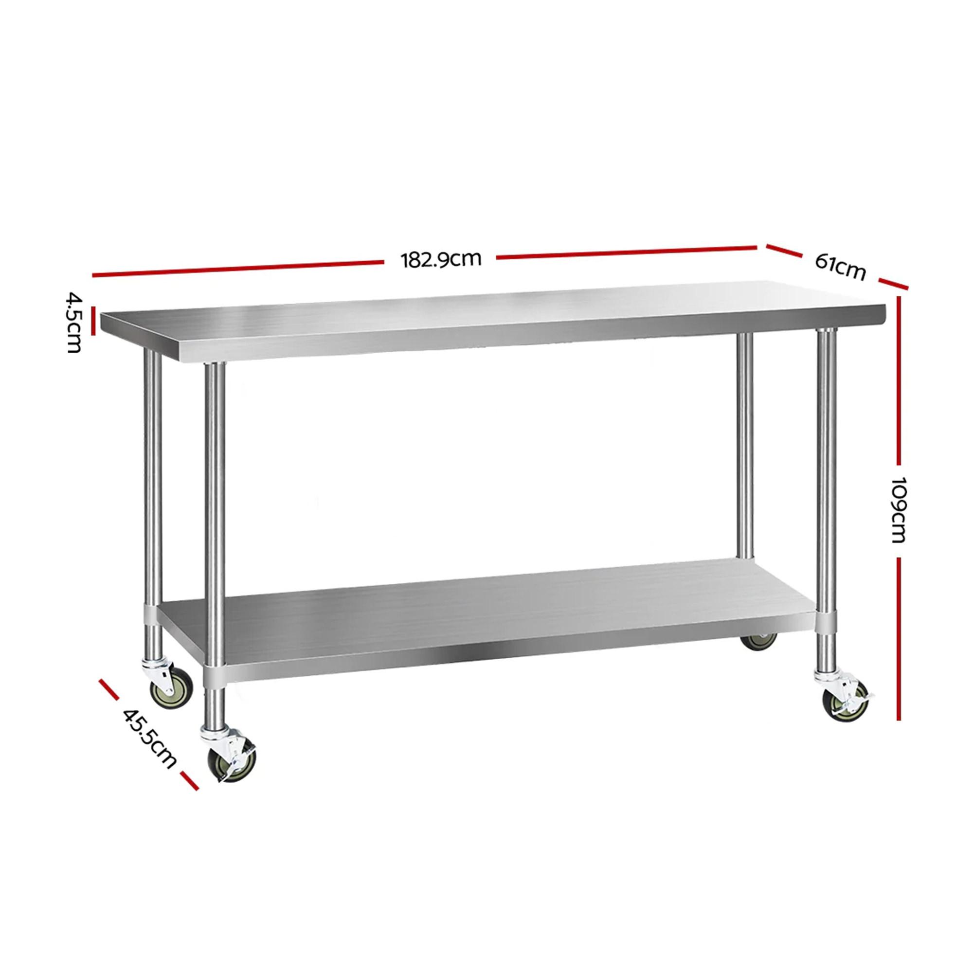 Cefito 430 Stainless Steel Kitchen Bench with Wheels 182.9x61cm Image 3