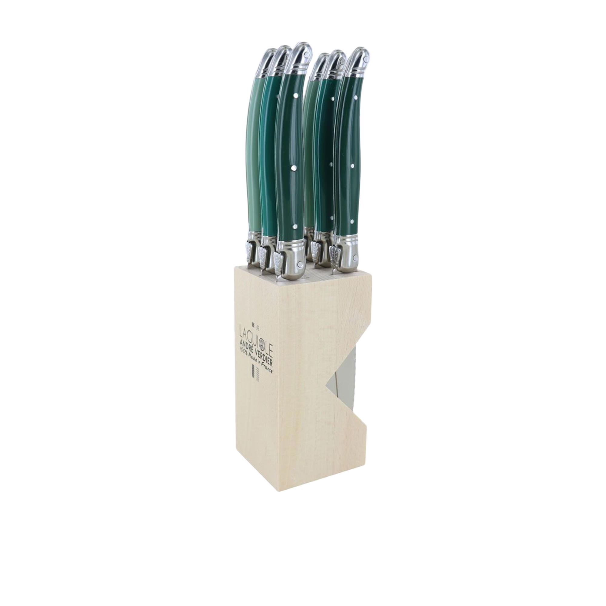 Laguiole by Andre Verdier Debutant 7pc Serrated Knife Block Set Forest Green Image 1