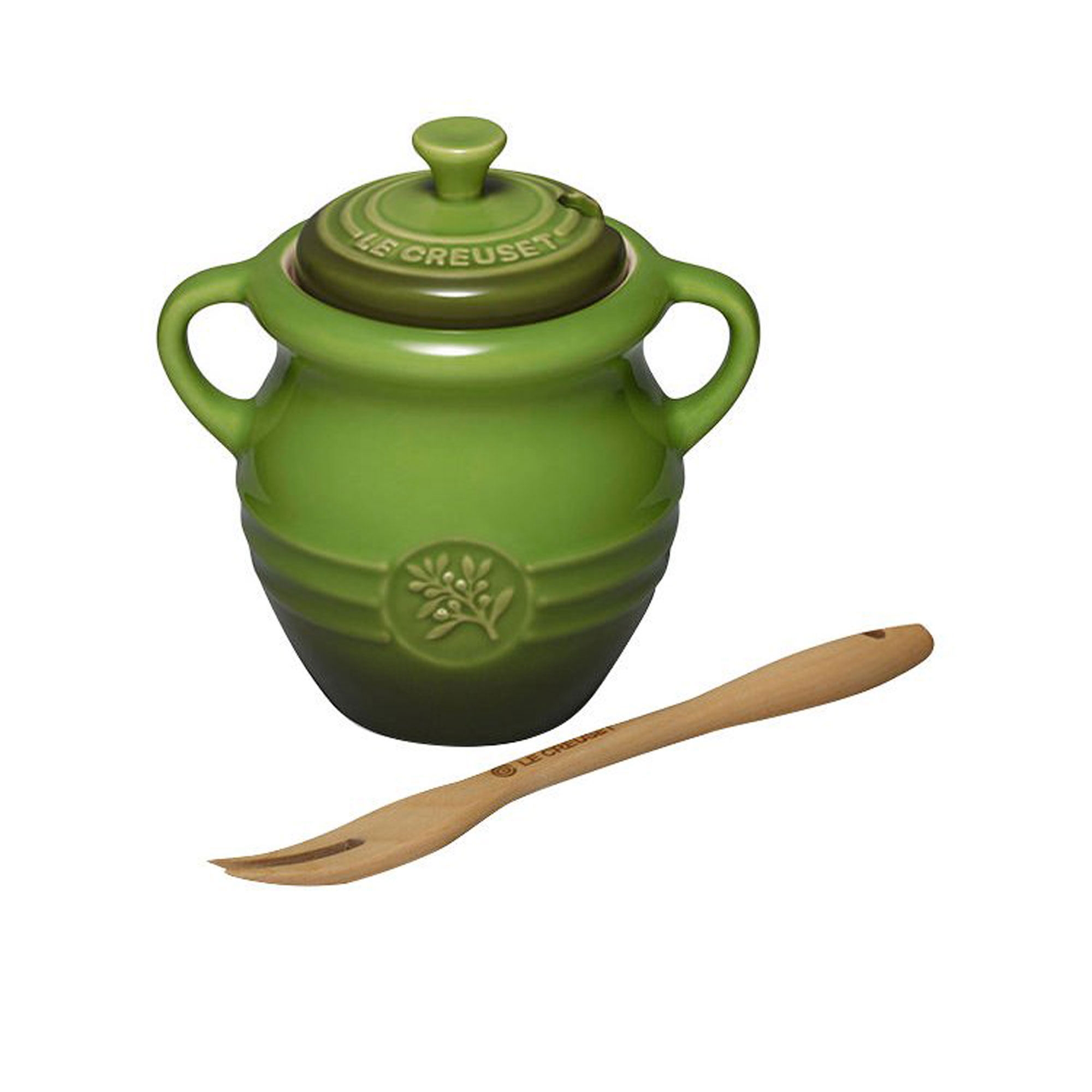 Le Creuset Stoneware Olive Jar & Fork Sage Green Image 1