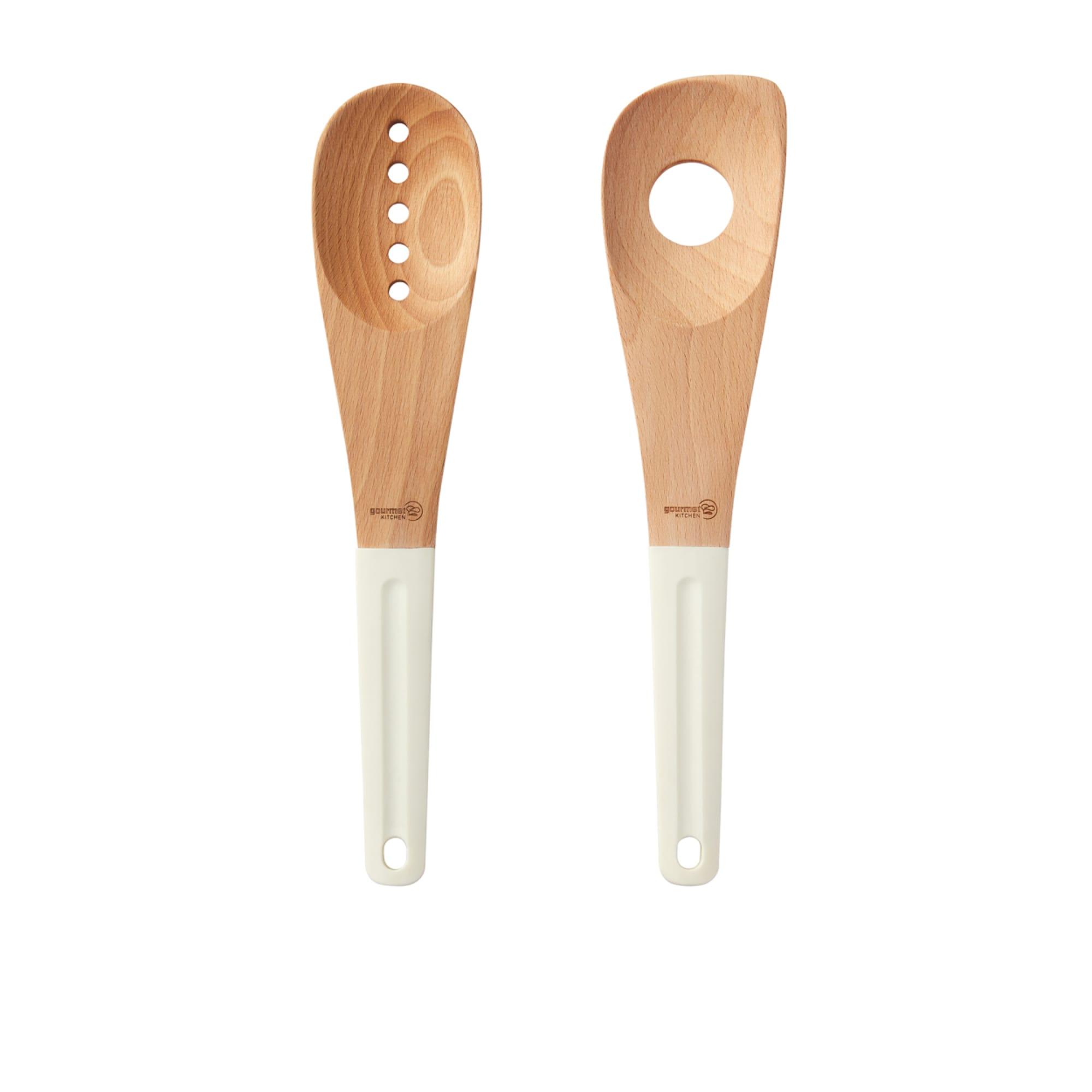 Gourmet Kitchen Modern Beech Wood Spoon Set with Silicone Grip 2pc Image 3