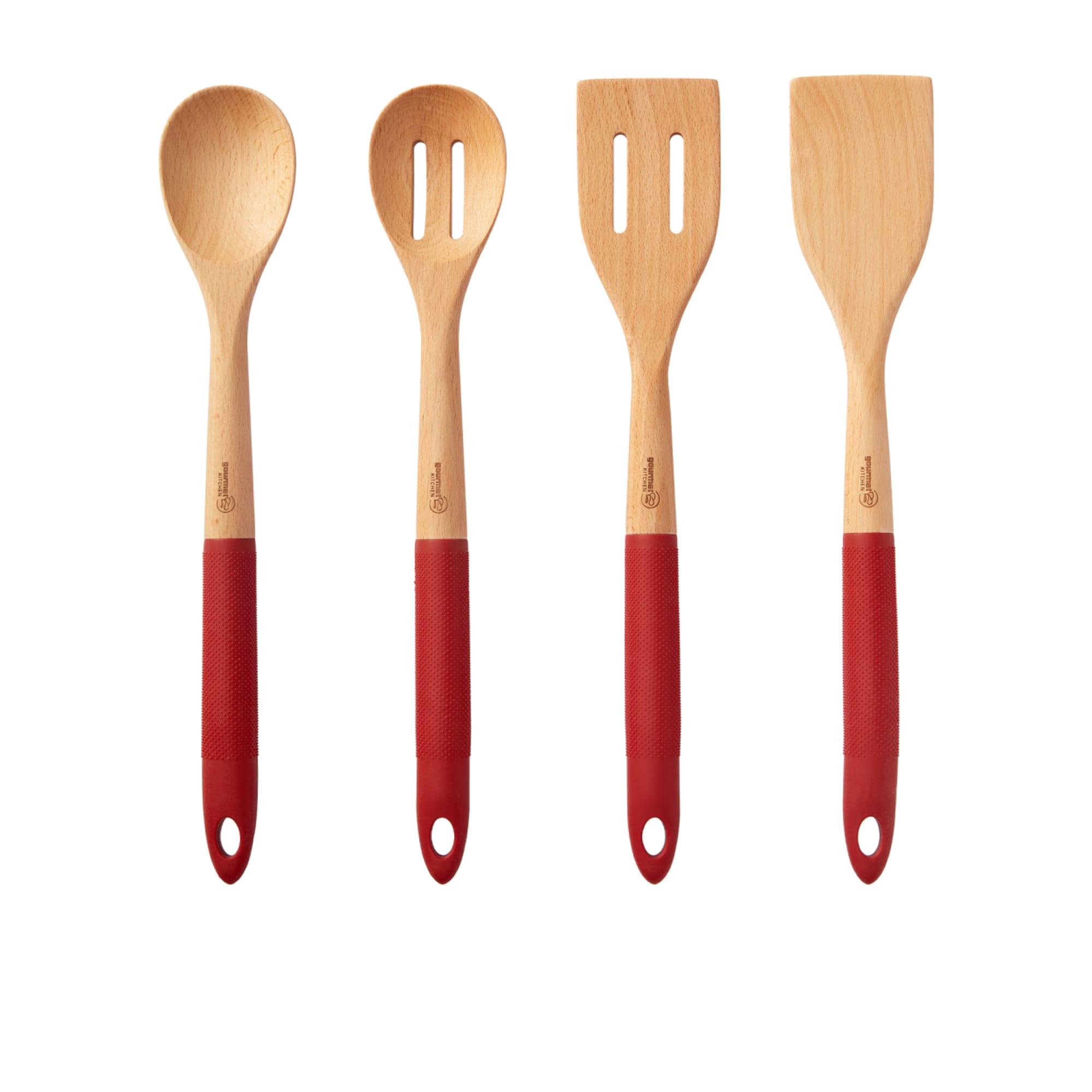 Gourmet Kitchen Rustic Beech Wood Kitchen Utensil Set with Silicone Grip 4pc Image 3