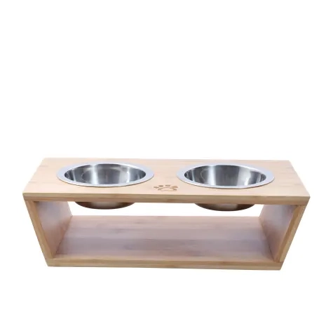 Charlie's Bamboo Dog Feeder with Stainless Steel Bowls Large Natural Image 1
