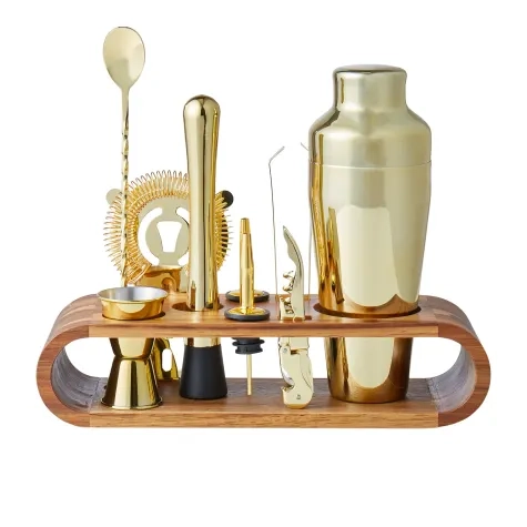 Davis Waddell Cocktail Set with Acacia Stand 10pc Gold Image 1