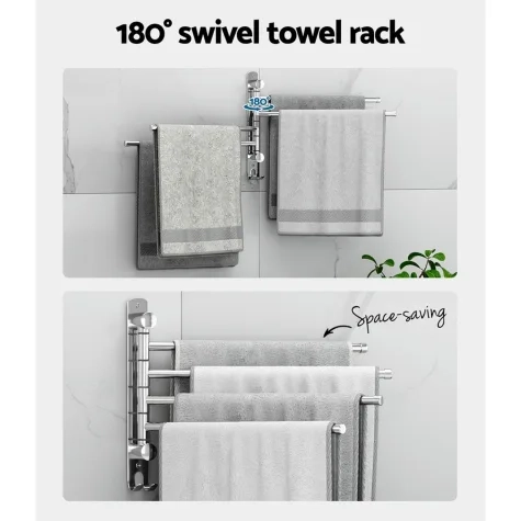 Devanti 4 Bars Wall Mounted Swivel Towel Rack Silver Image 2