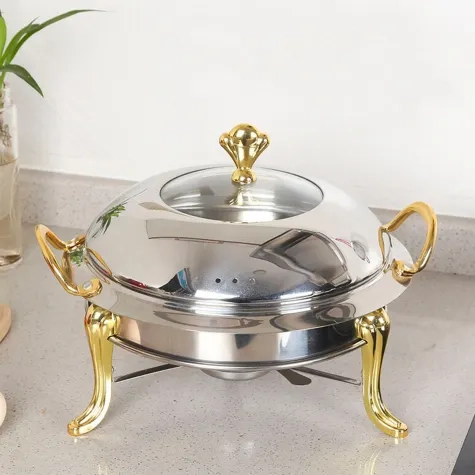 Soga Round Stainless Steel Chafing Dish with Glass Top Lid Set of 2 Gold Image 2