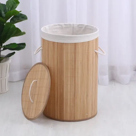 Sherwood Round Collapsible Bamboo Laundry Hamper with Polycotton Bag Image 2