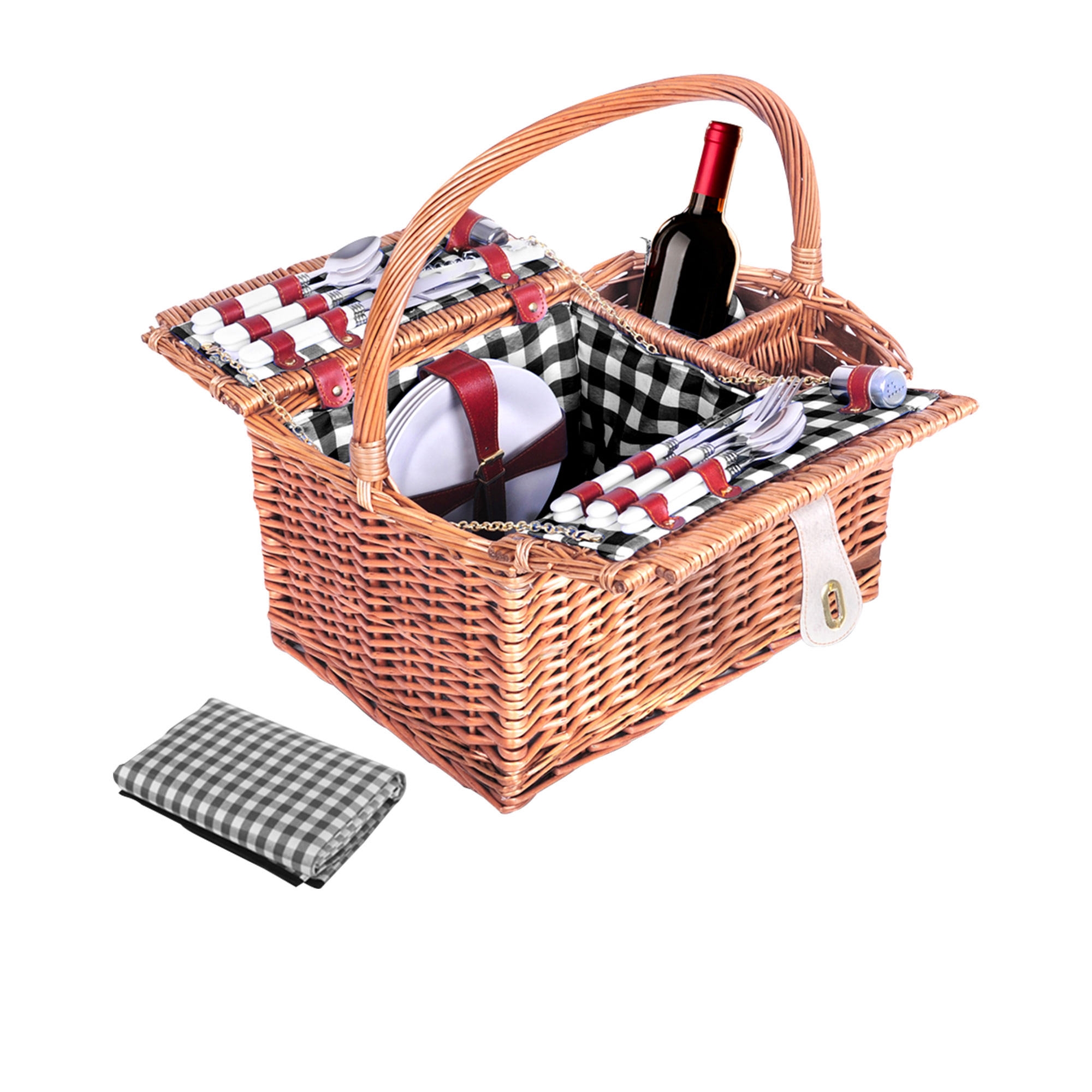 Alfresco 4 Person Deluxe Picnic Basket with Black/White Check Blanket Image 1