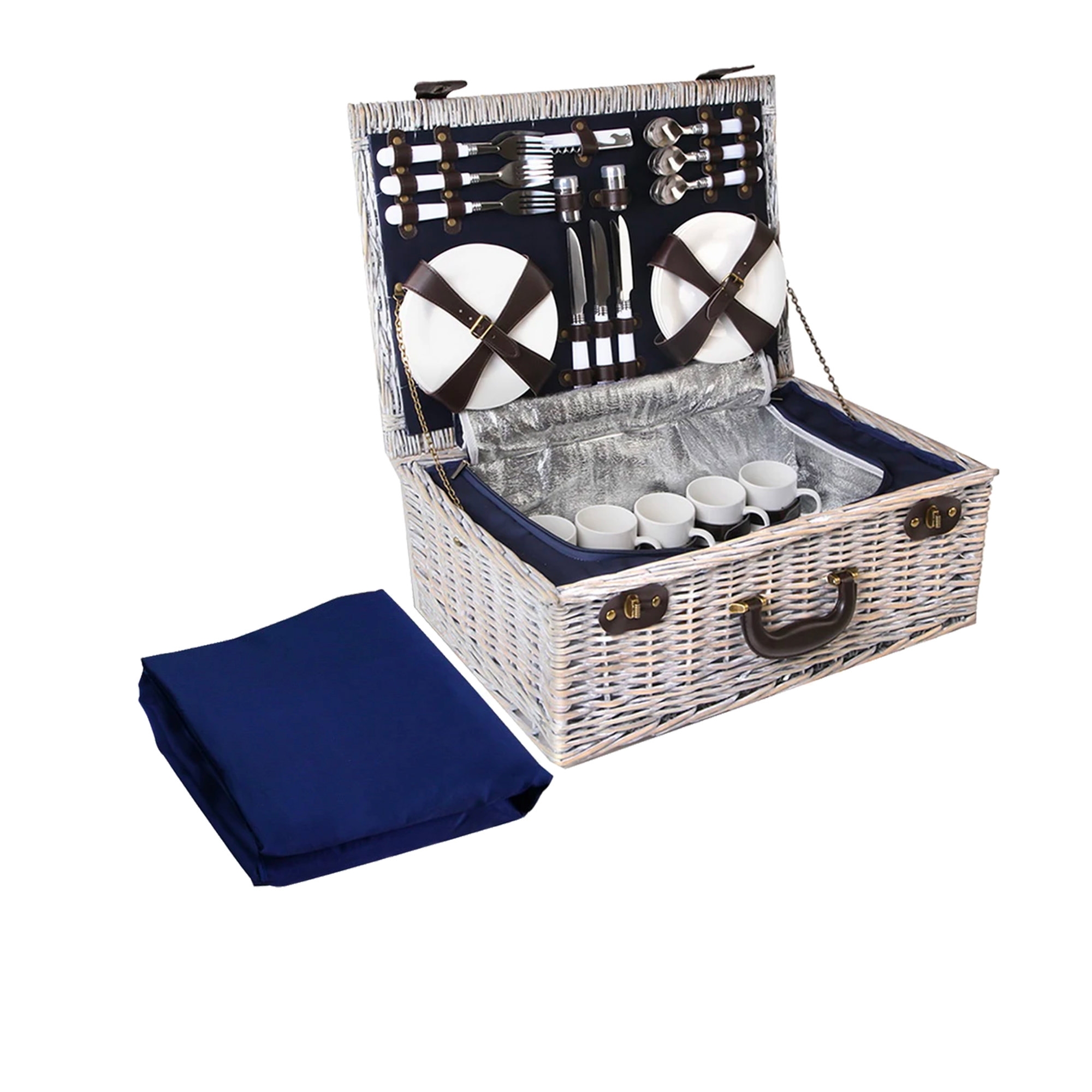 Alfresco 6 Person Insulated Picnic Basket with Navy Blue Blanket Image 1