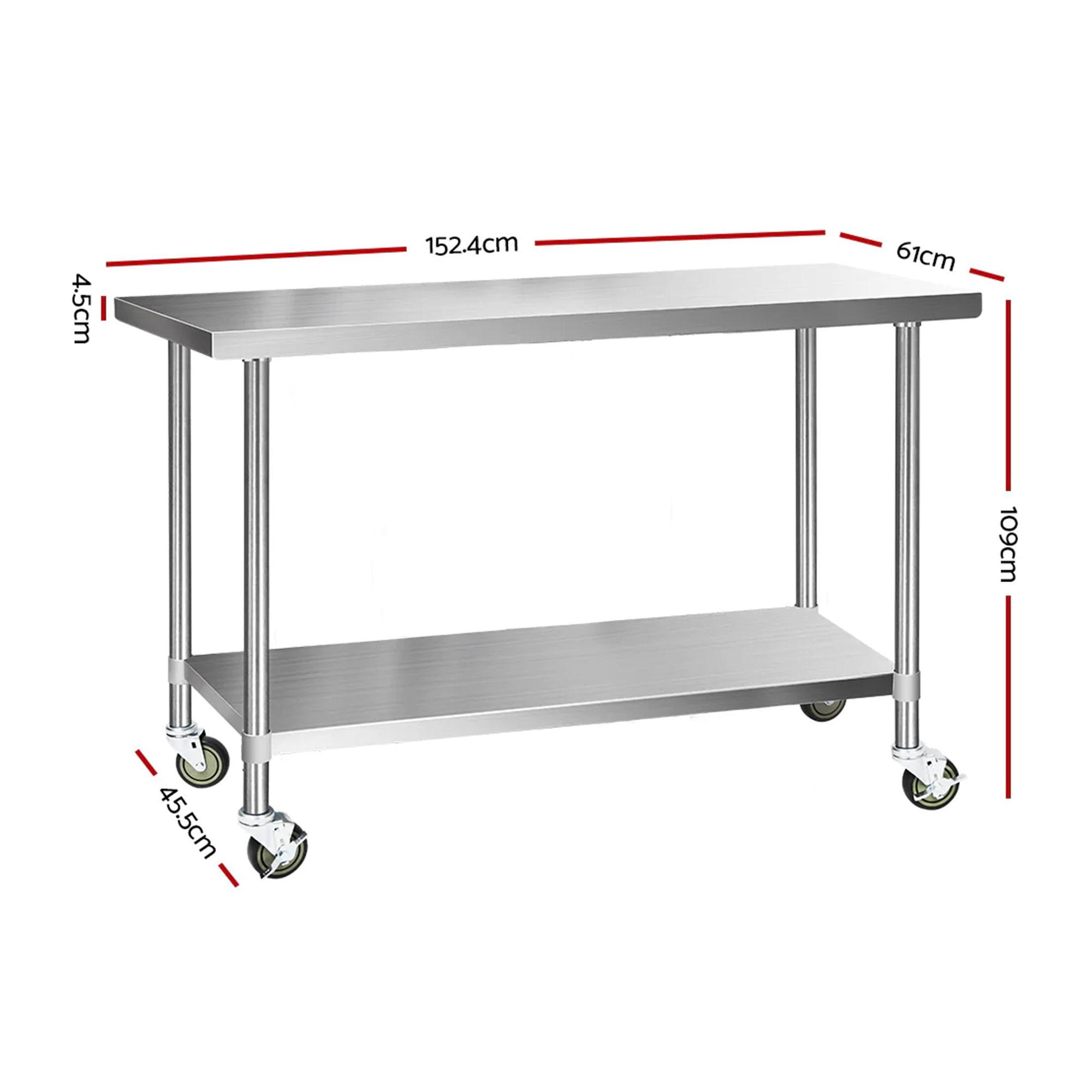 Cefito 304 Stainless Steel Kitchen Bench with Wheels 152.4x61cm Image 3
