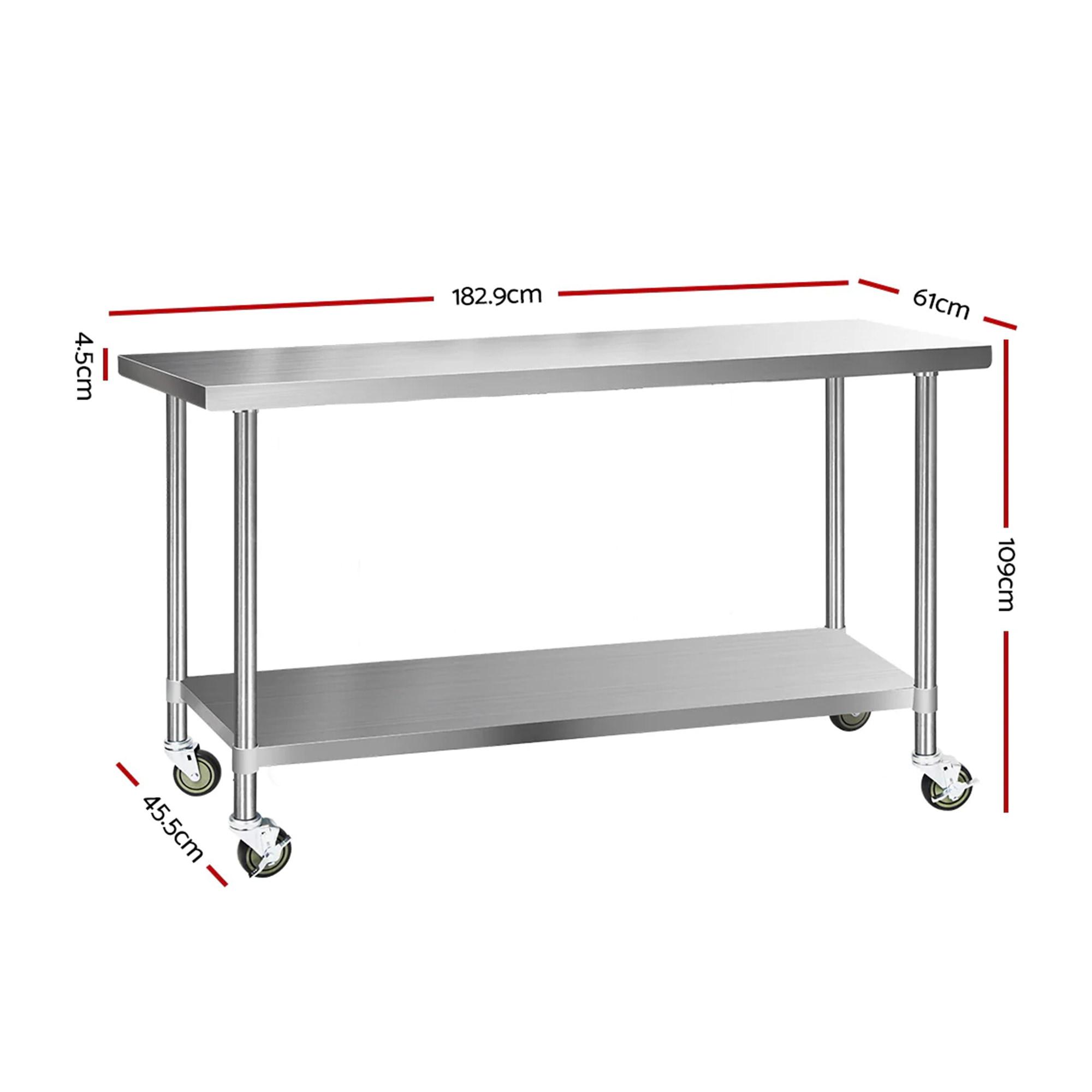 Cefito 304 Stainless Steel Kitchen Bench with Wheels 182.9x61cm Image 3