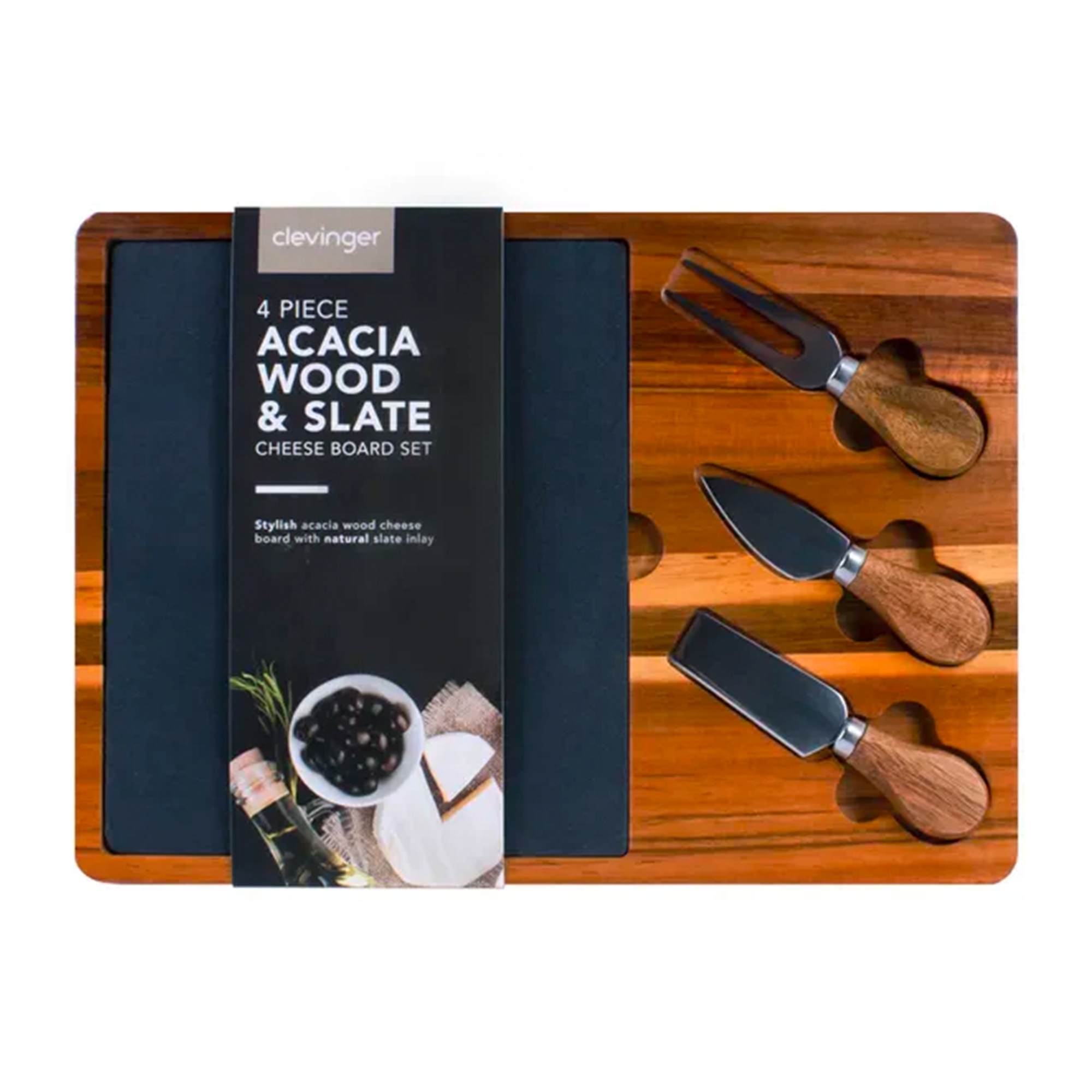 Clevinger Acacia Wood & Slate Cheese Board with Knives Set of 4 Image 1