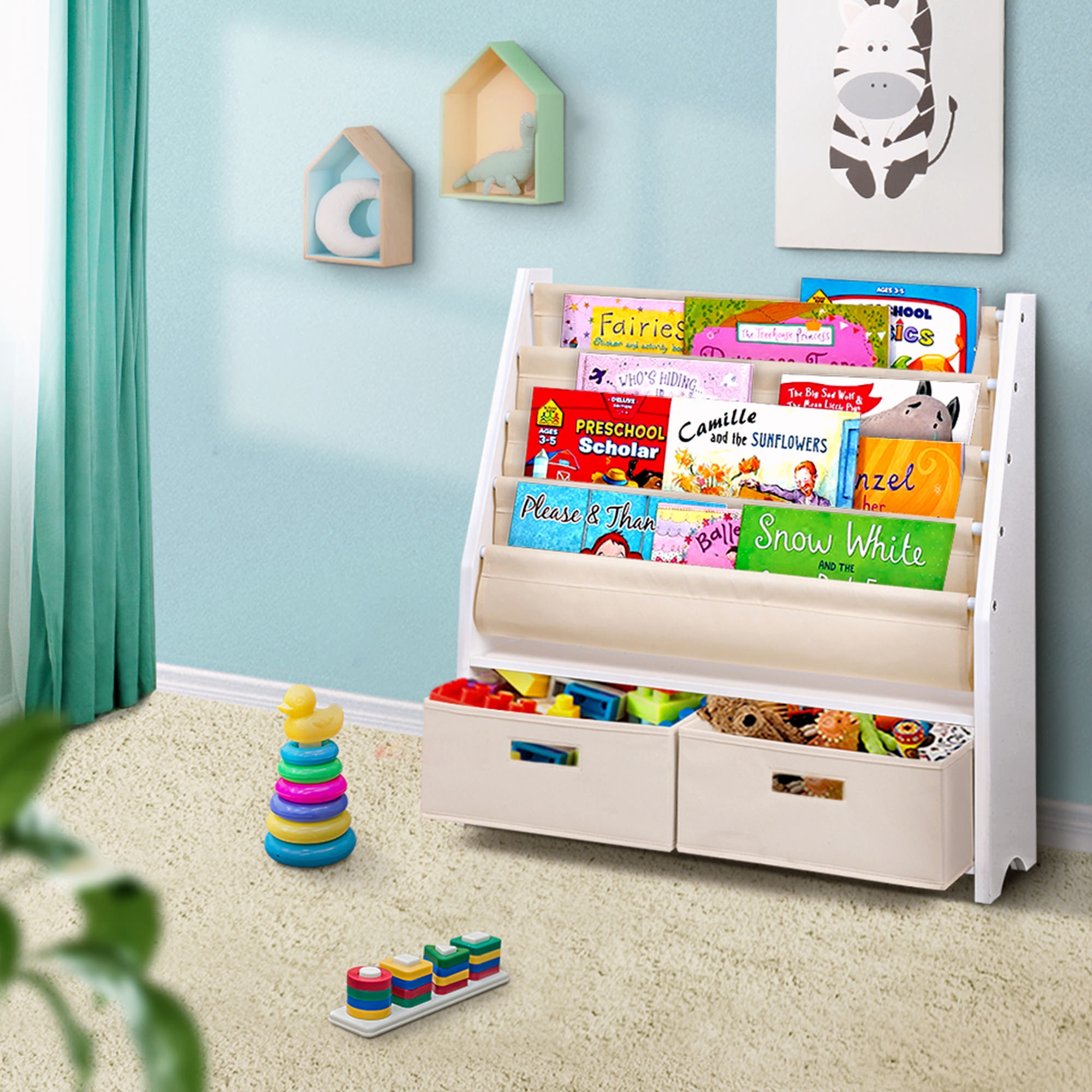 Keezi Kids Display Bookshelf with Storage Bins Image 2