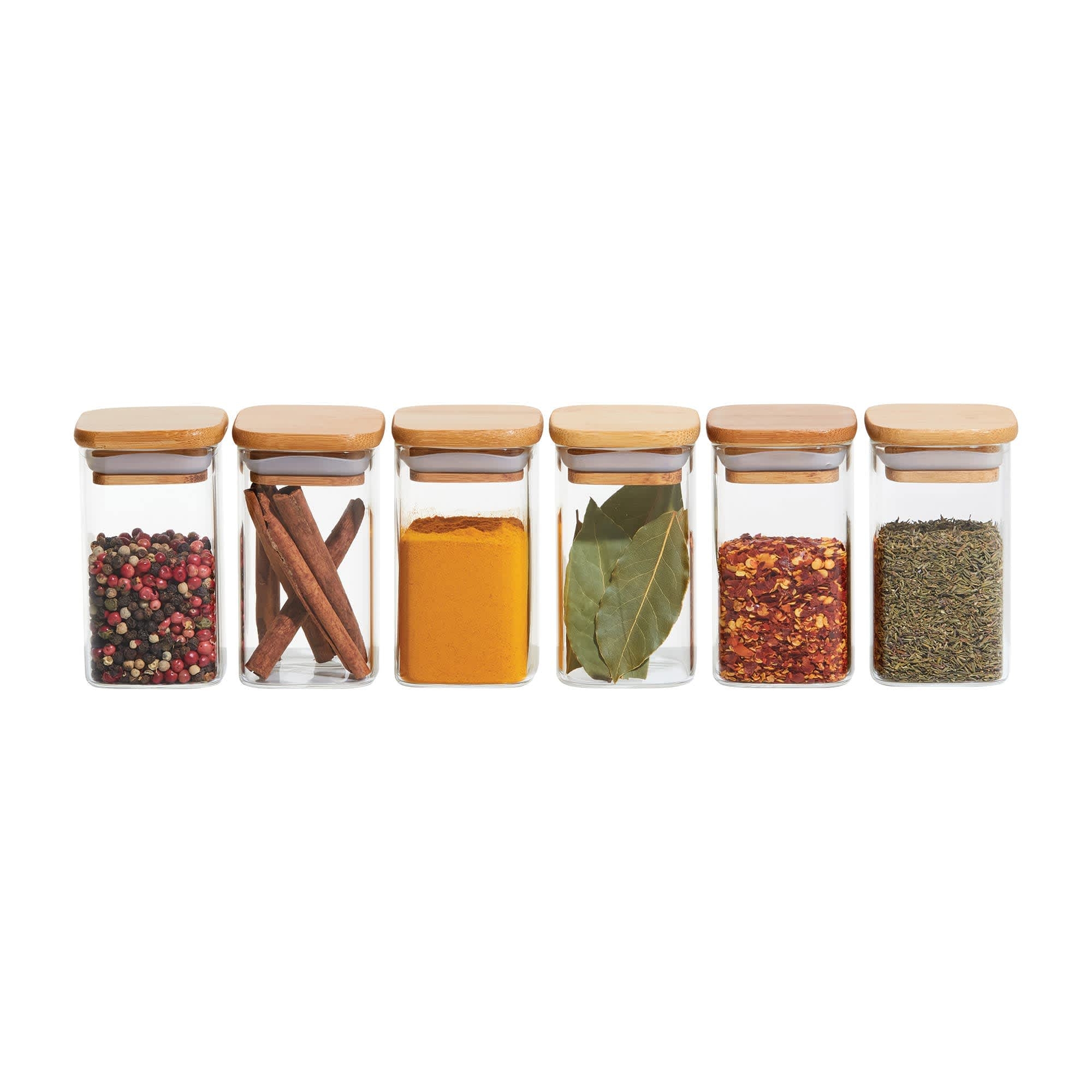 Kitchen Pro Eco Square Glass Spice Canister with Bamboo Lid 140ml Set of 6 Image 1