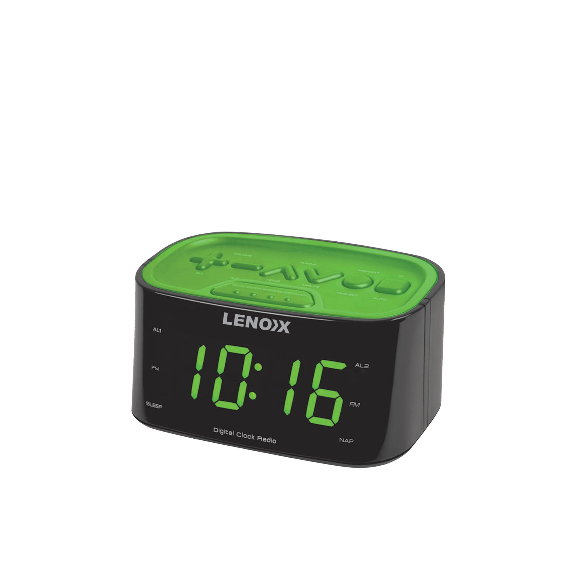 Lenoxx FM Radio Dual Alarm Clock with USB Charging Port Black/Green Image 1