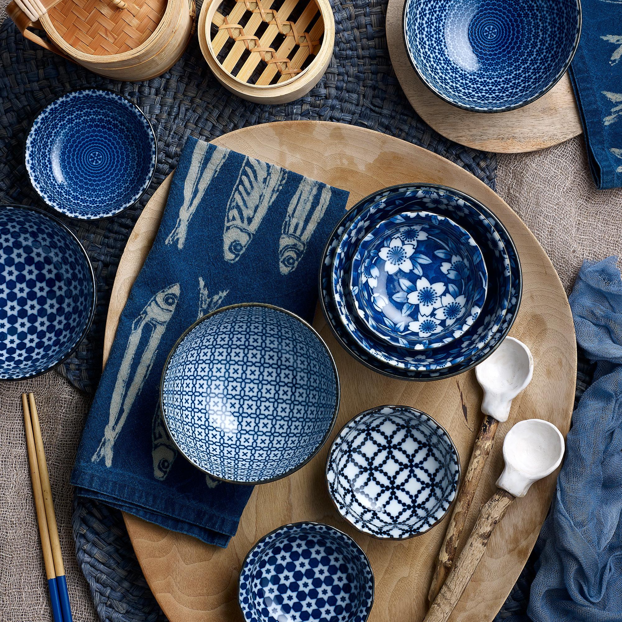 Japanese Collection Nami Porcelain Rice Bowl Set of 5 Blue Image 6
