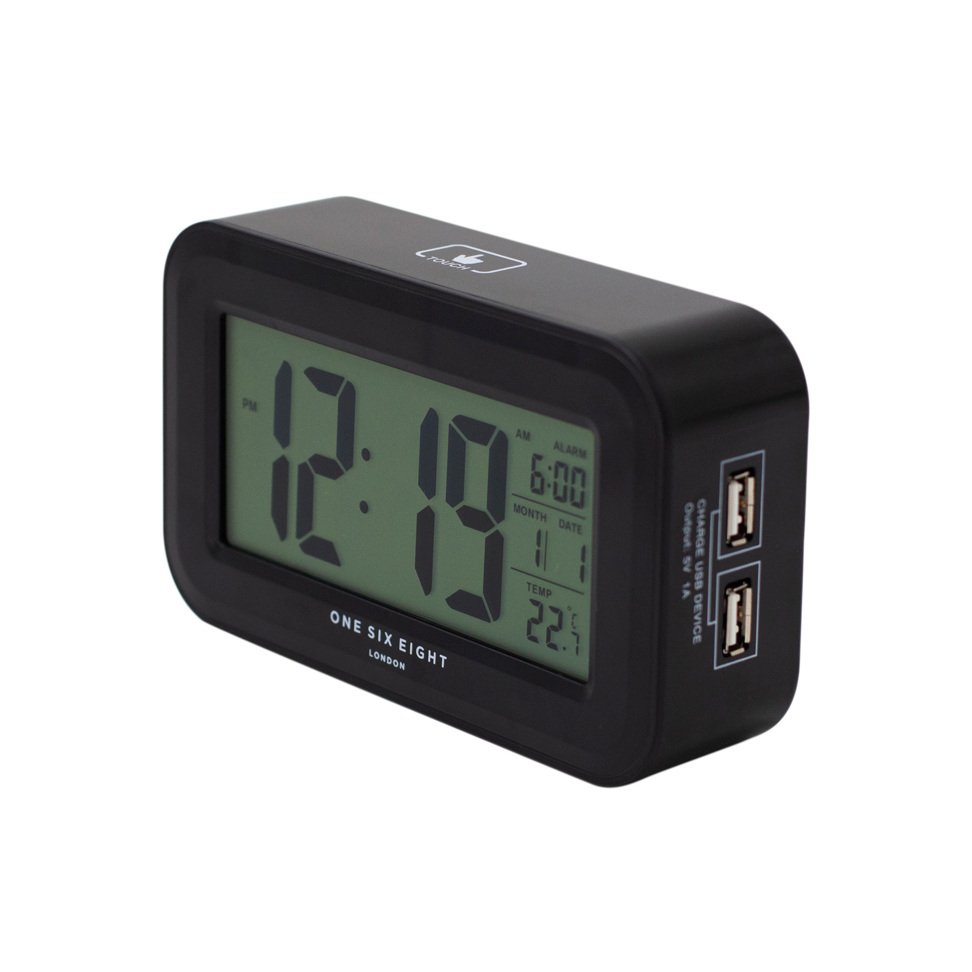 One Six Eight London Reilly Digital Alarm Clock Black Image 2